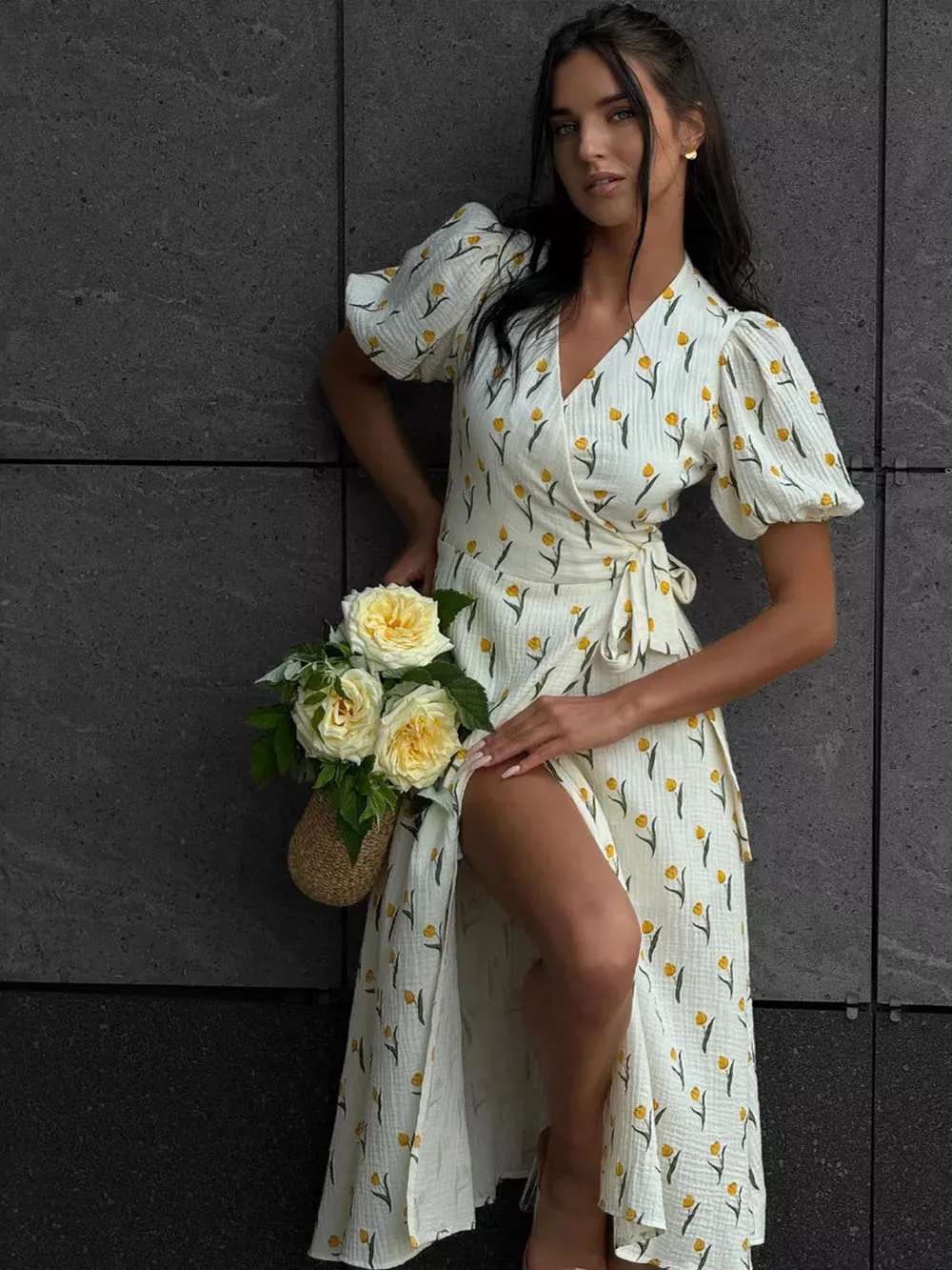 Hot Sale Fashion Floral Pattern Dress Cotton Tie Back Design Puff Sleeve Long Dress Elegant Casual Summer Dress For Women