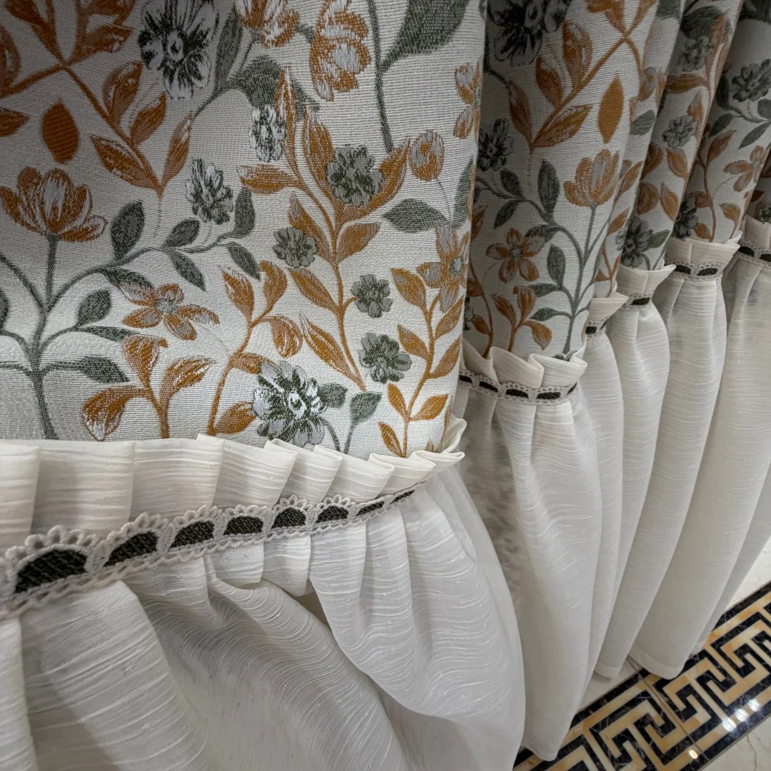 Farmhouse VintageFloral PrintCurtain, Linen‑TextureWindowDrapeswith RuffleHem,FrenchCountryCurtainsforLivingRoomBed