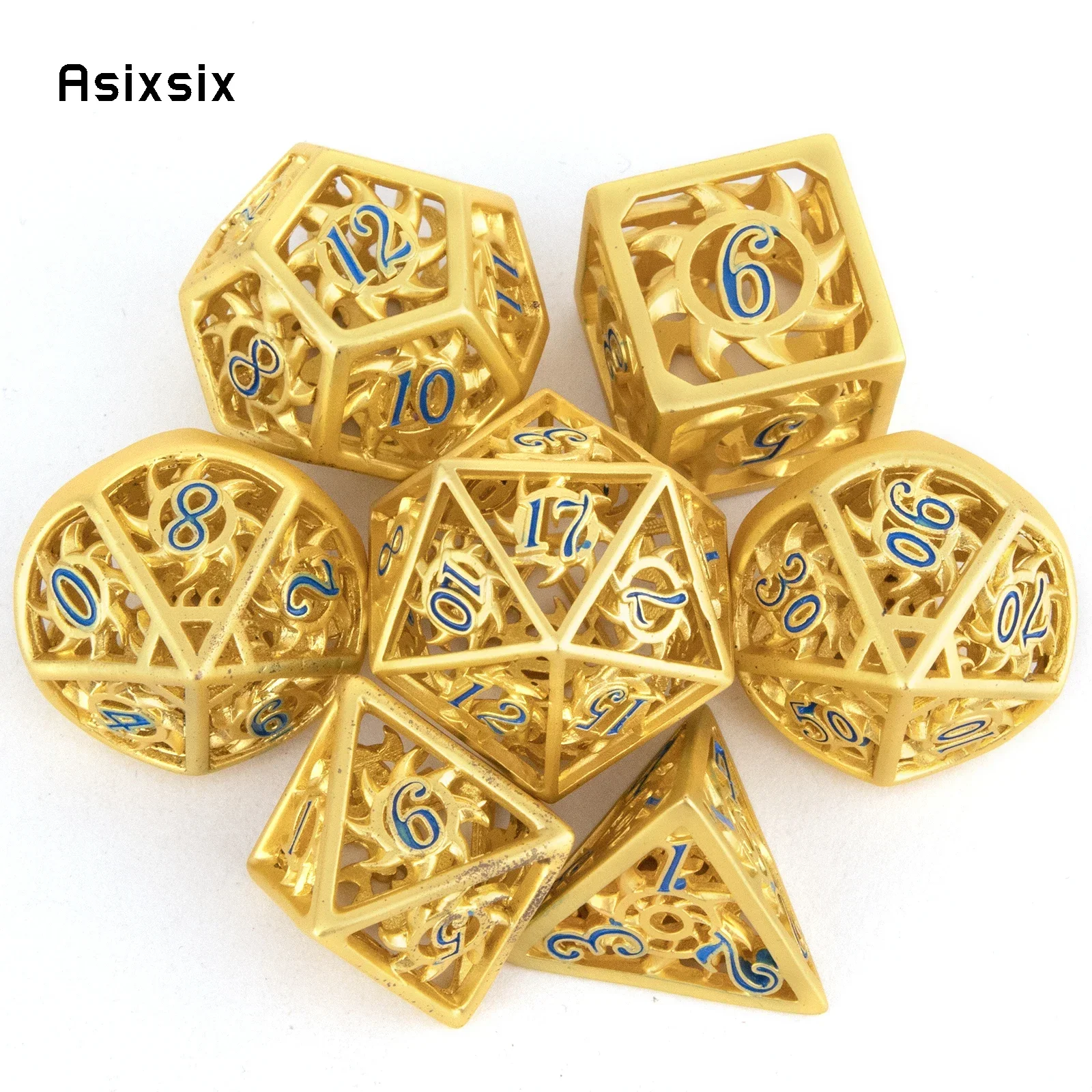 

7 Pcs Golden Blue Rotary Cyclone Metal Dice Hollow Metal Polyhedral Dice Set Suitable For Role-Playing RPG Gift Card Game