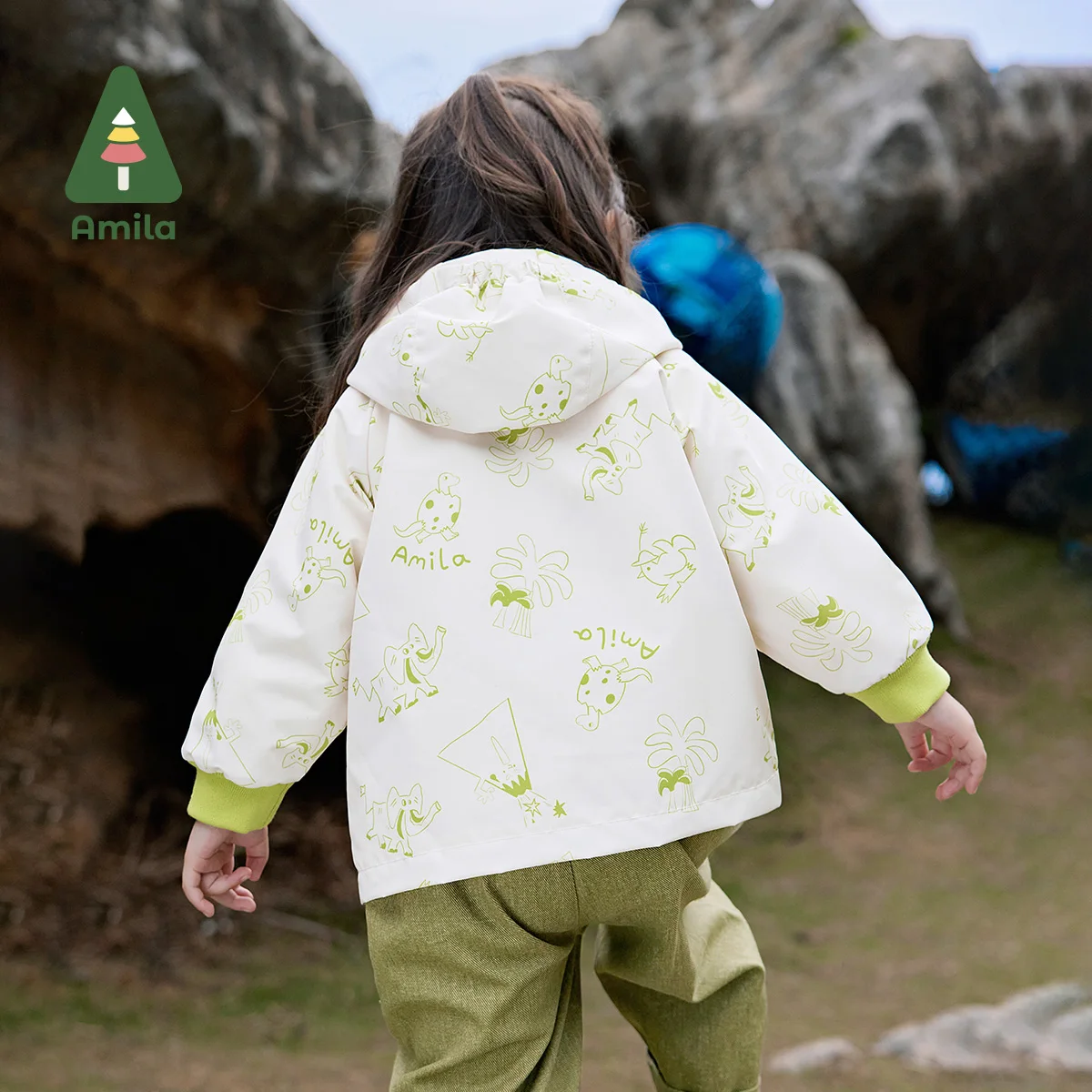 Amila Baby Jacket 2024 Autumn New Boys And Girls Outdoor Three-Proof Hooded Cartoon Full Print Loose Warm Children’s Jacket