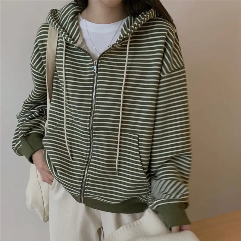 Hoodies Women Loose Design Fashion Students Tender Striped Leisure All-match Spring Vintage Korean Style Sporty Elegant Simple