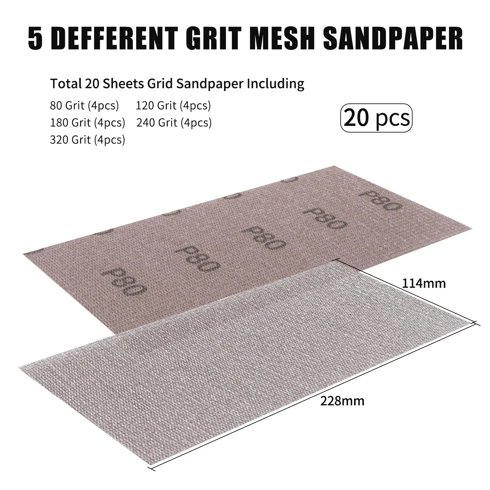 114X228mm Mesh Sandpaper Hook and Loop Sanding Disc 20 Pcs Assorted 80-320 Grit for Sanding Auto Wood Drywall Metal Polishing