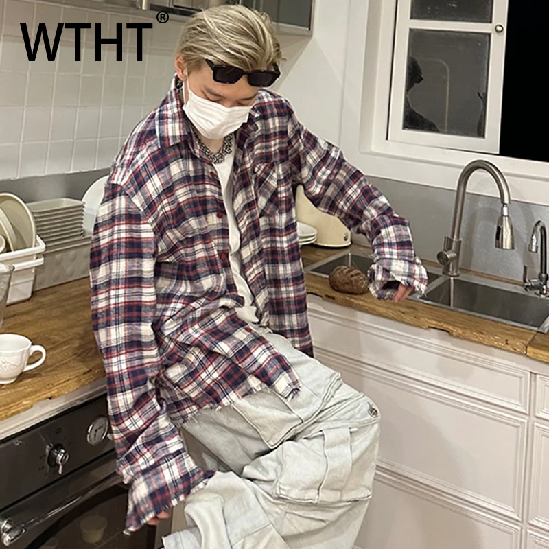 

WTHT винтажные модные мужские клетчатые дизайнерские рубашки с карманами, модные осенние однобортные свободные топы 2025, мужские 2A1743