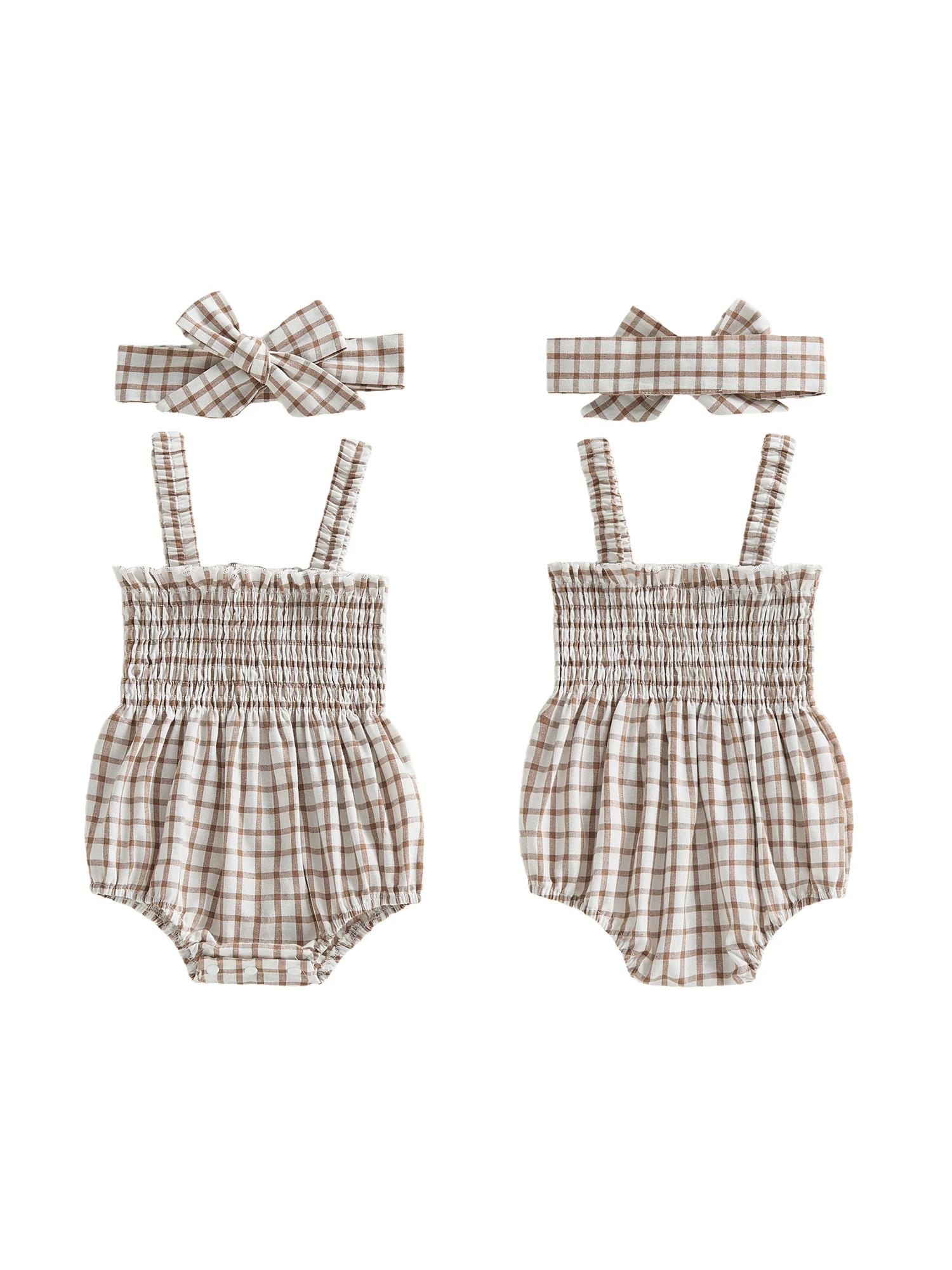 طقم ملابس للفتيات الصغيرات مكون من قطعتين مريح بدون أكمام ورقبة مربعة منقوشة وعصابة رأس #1