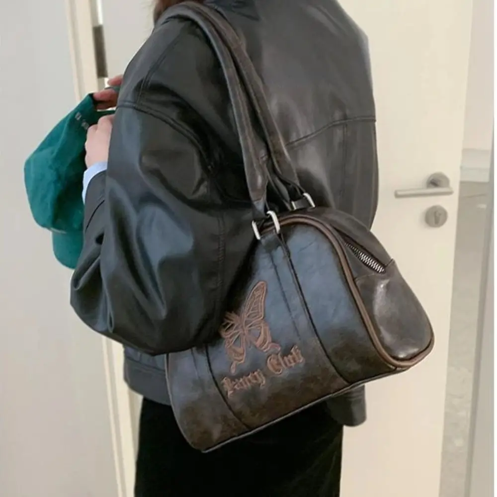 

PU Vintage PU Handbag Large Capacity Brown Embroidery Butterfly Shoulder Bag Korean Style Solid Color Female Boston Bag Girls