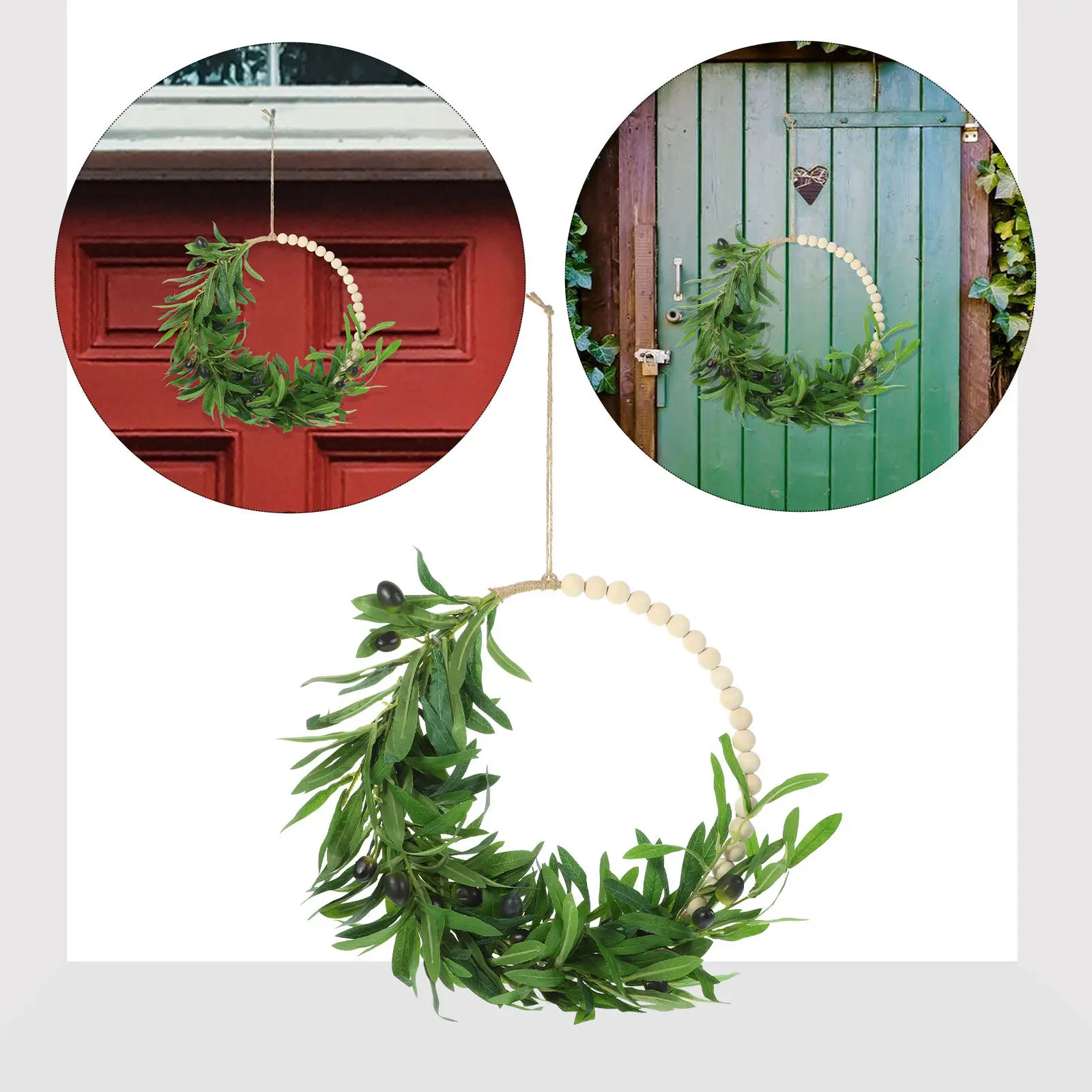 

Creative Wood Beads Wreath Realistic Artificial Olive Fruit Garland Long-Lasting Wall Decor for Home Banquet Decoration