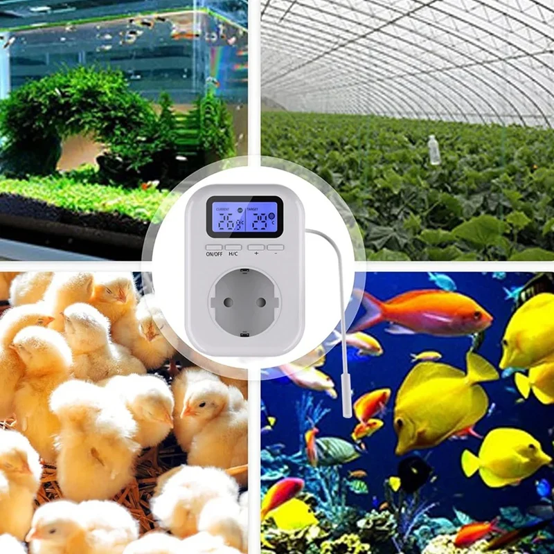 Enchufe controlador de temperatura de 220V con Sensor, enchufe de termostato Digital para invernaderos enchufe europeo plástico blanco 1 Uds
