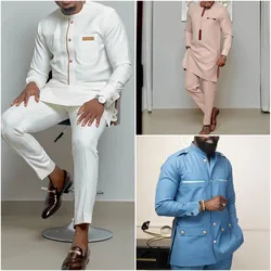 Kaftan Men's Kaunda Suit Round Neck Long-sleeved Top Pant African Male Traditional Outfit Wear 2PCS Clothing Wedding Sets Casual