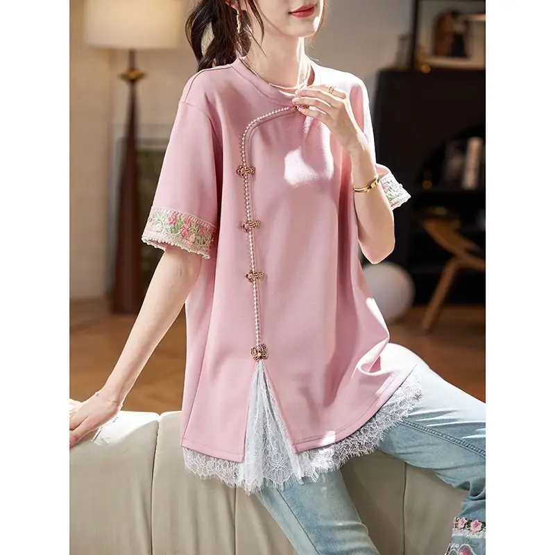 2024 New Chinese Style Solid Color Patchwork Lace Trend Women\'s Clothing Summer Temperament Short Sleeve Straight Pink Blouses