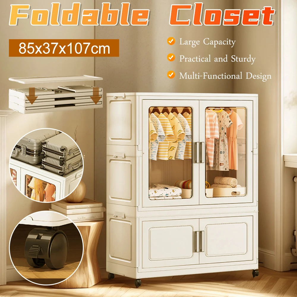 

Mobile Wardrobe Closet with Hanging Rod Clear Window Wheels Leather Handles Multi-Purpose Storage Organizer for Home Bedroom