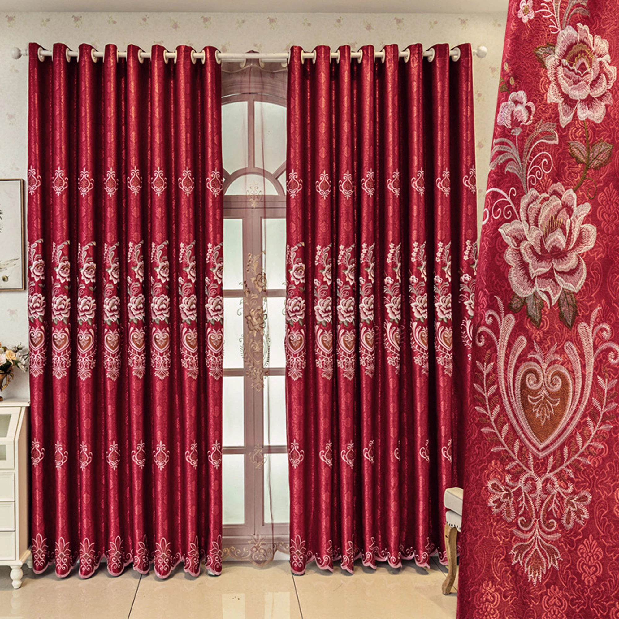 1pc Luxury European Floral Embroidered Curtains, Blackout Drapes for Living Room & Bedroom, Push Pull Door Rings Design