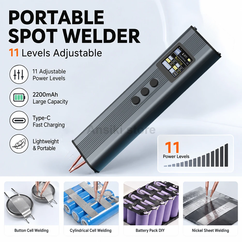 Ansiki Portable Spot Welding Machine 2200mAh TFT Color Screen Double Pulse 0.1‑0.3mm Nickel Strip Spot Welder for Battery DIY