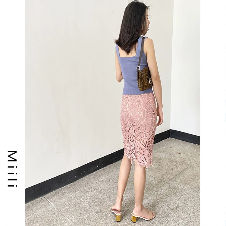 

Ele High Waist Soluble Lace Slim Fit A-Line Skirt Faionable Bodycon Mid-Length Skirts for Women