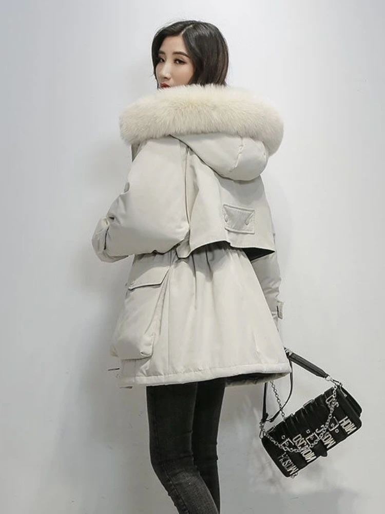Optique-Parkas à capuche patchwork pour femmes, poches zippées, style coréen décontracté, vers le bas, vêtements de bureau pour dames,
