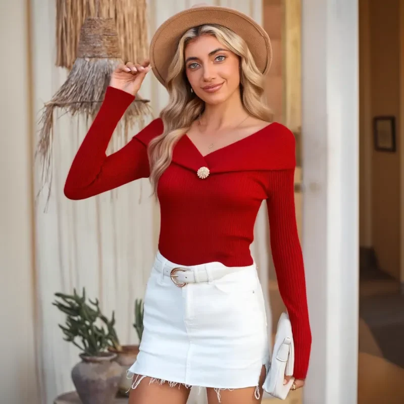 

Chic Red Elegant V-neck Slim Fit Women's Knitted Long Sleeved Sweater Autumn Winter New Korean Short Style Pullover Base Tops