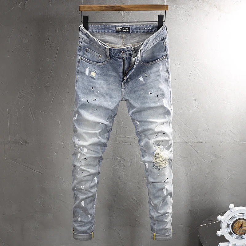 

Street Fashion Men Jeans Retro Light Blue Stretch Slim Fit Ripped Jeans Men Painted Designer Hip Hop Vintage Denim Pants Hombre