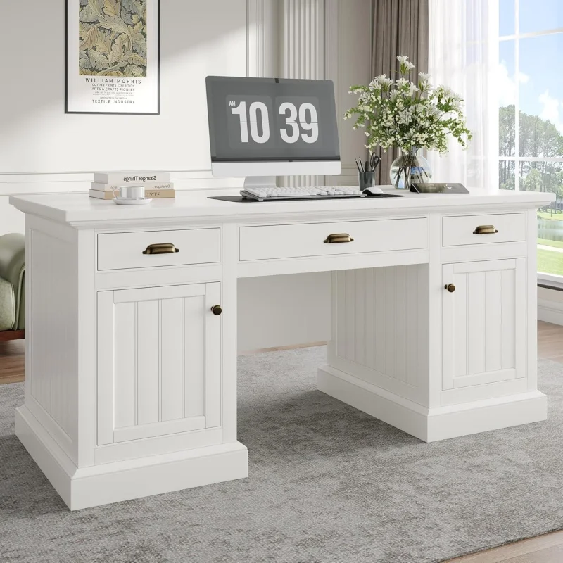 

68 Inch White Executive Desk, Farmhouse Fluted Panel Computer Table, Home Office Study Writing Desk with 3 Drawers and 2 St