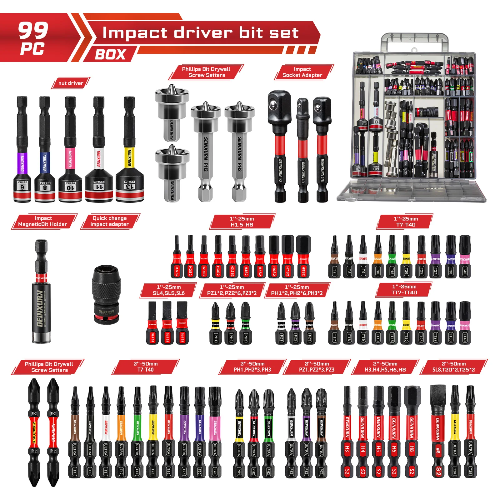 Geinxurn 99-delige impactschroevendraaier bitsset, 1"/2"/2 3/8"/2 9/16" lengte, met adapter & verlengstuk, grijze handgreepkoffer verpakking - afbeelding 1