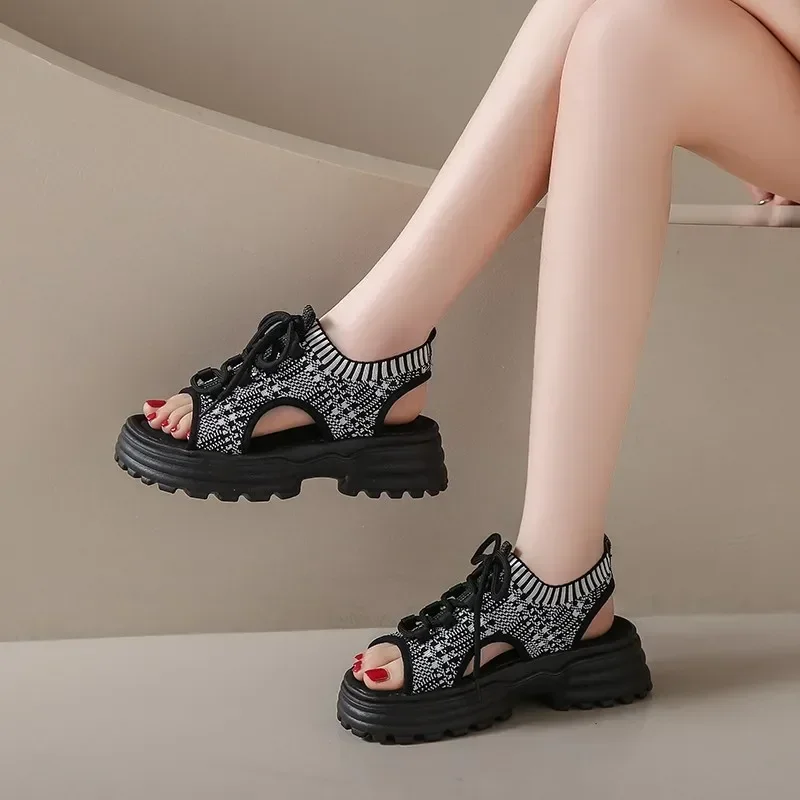 

Women's Casual Sandals Summer Casual Breathable Mesh Open Toe Lace Up Sports Sandals 2024 New Outdoor Platform Knit Sandals