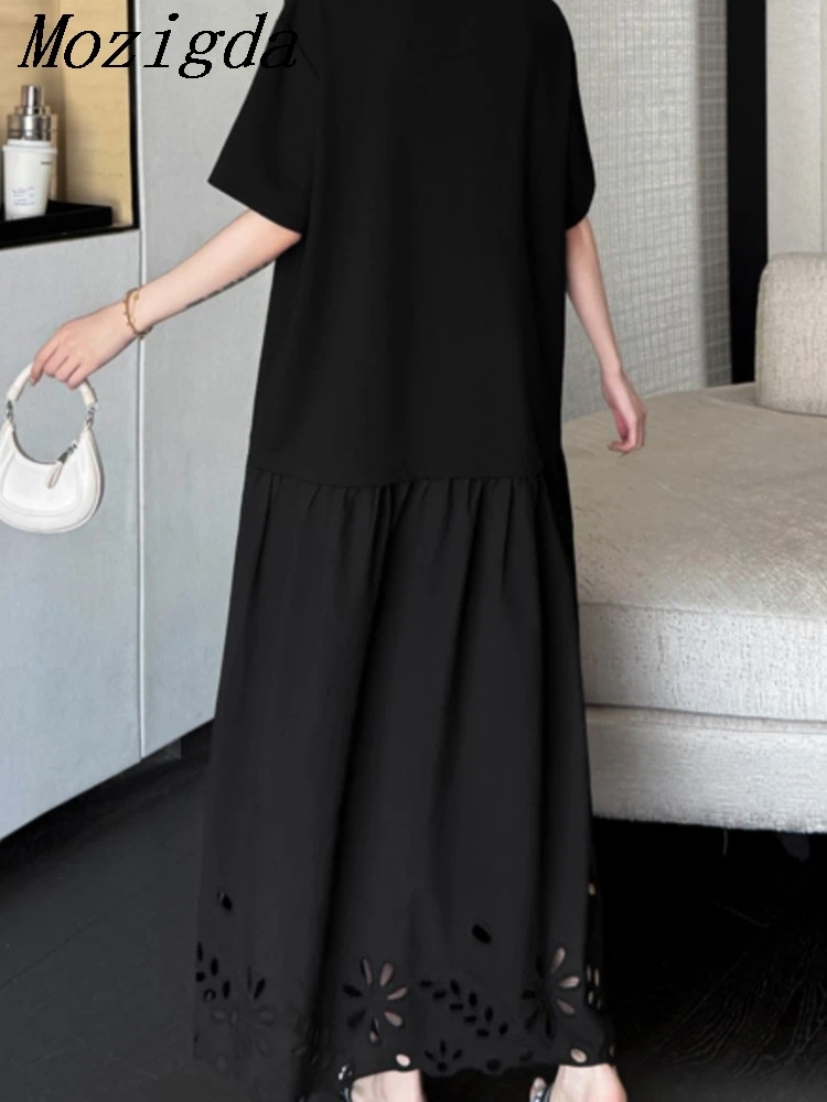 

Summer Round Neck Black Dress Women Sophisticated Crew Neck Short Sleeve Midi Panelled Ladies Dresses Hem Vestidos