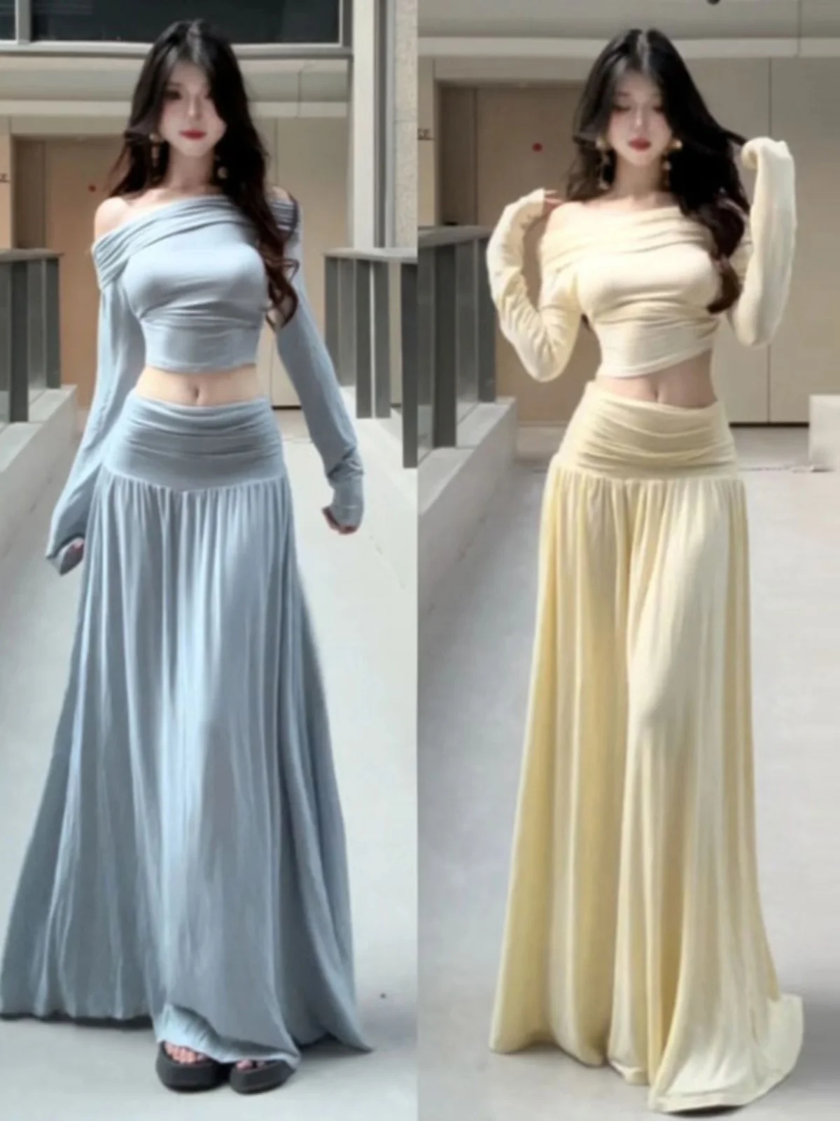 

Sexy One-Shoulder Half-Skirt Two-Piece Set Spring Fashion Comfortable Cotton Short Sleeve Long Skirt Slim Fit Casual Outfit
