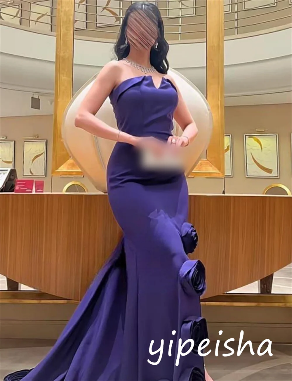 カスタマイズされたクラシックな絶妙なジャージフラワープリーツトランペットストラップレスロングドレスオーダーメイドの機会ファッション