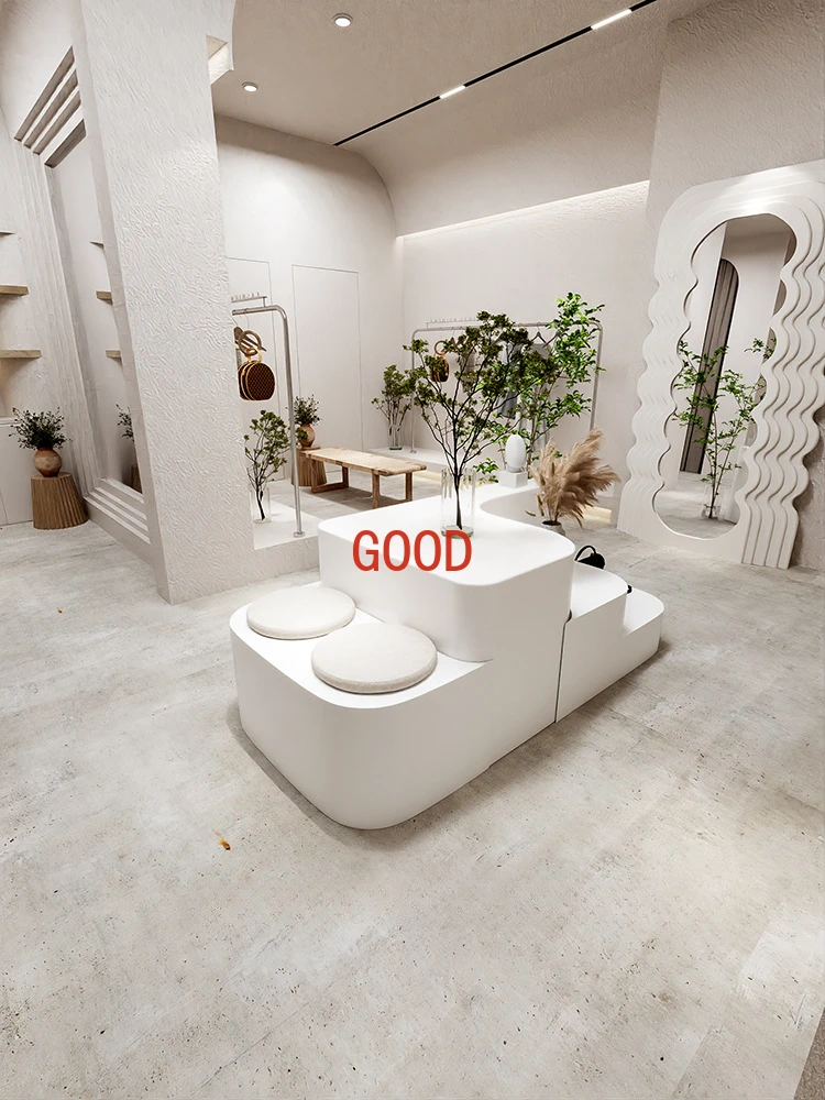 Loja de roupas decoração macia nakajima expositor mesa janela decoração adereços sapatos sacos cabine mesa água