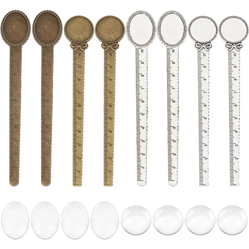 1 Box 16Pcs DIY 8 Sets Bookmarks Vintage Style Bookmark Making Kit Ruler Metal Book Mark Trays Glass Clear Dome Cabochon Oval