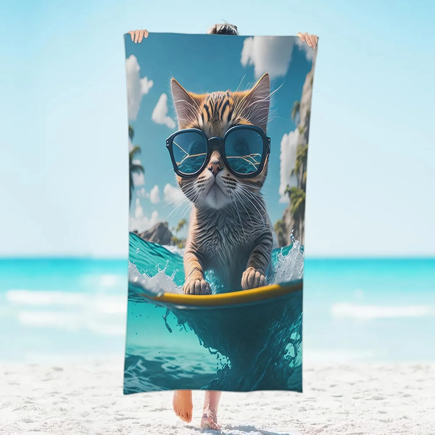 

Пляжное полотенце из полиэстера Surfing Cool Cat, прямоугольное, с 2D-печатью, быстросохнущее, легкое, всесезонное, унисекс, идеально подходит для пляжа/серфина