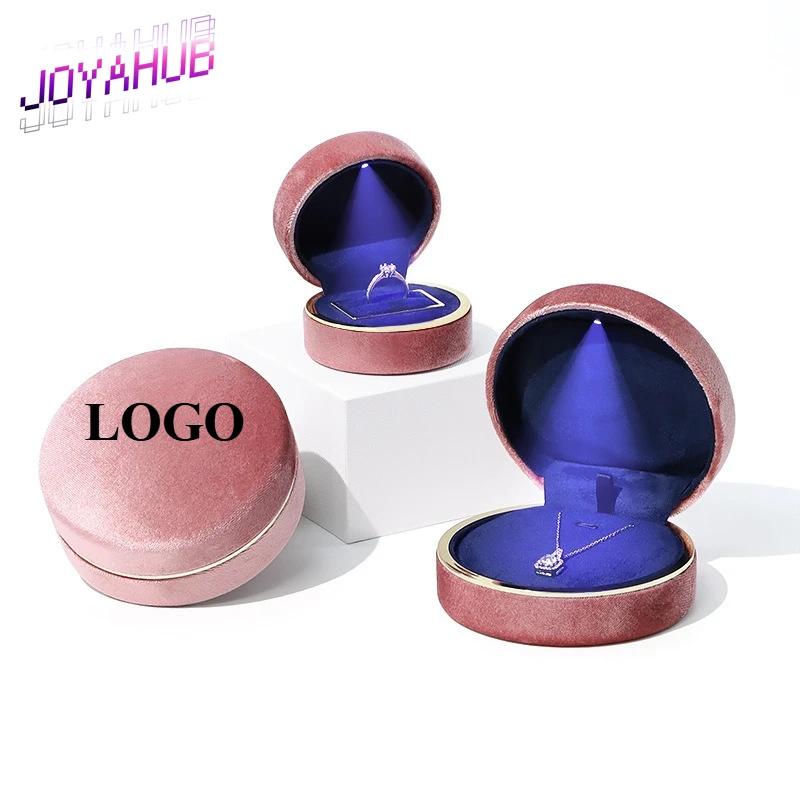 

Индивидуальный логотип, высококачественная бархатная круглая светодиодная шкатулка для драгоценностей, светящееся кольцо, браслет, ожерелье, кулон, упаковочная коробка для ювелирных изделий