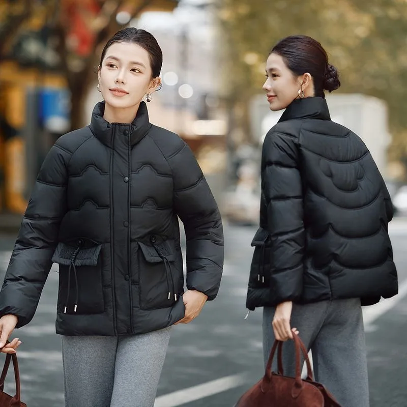 Women Stand Collar Short Puffer Coat Winter Warm Drawstring Pocket Mom Cotton Jacket