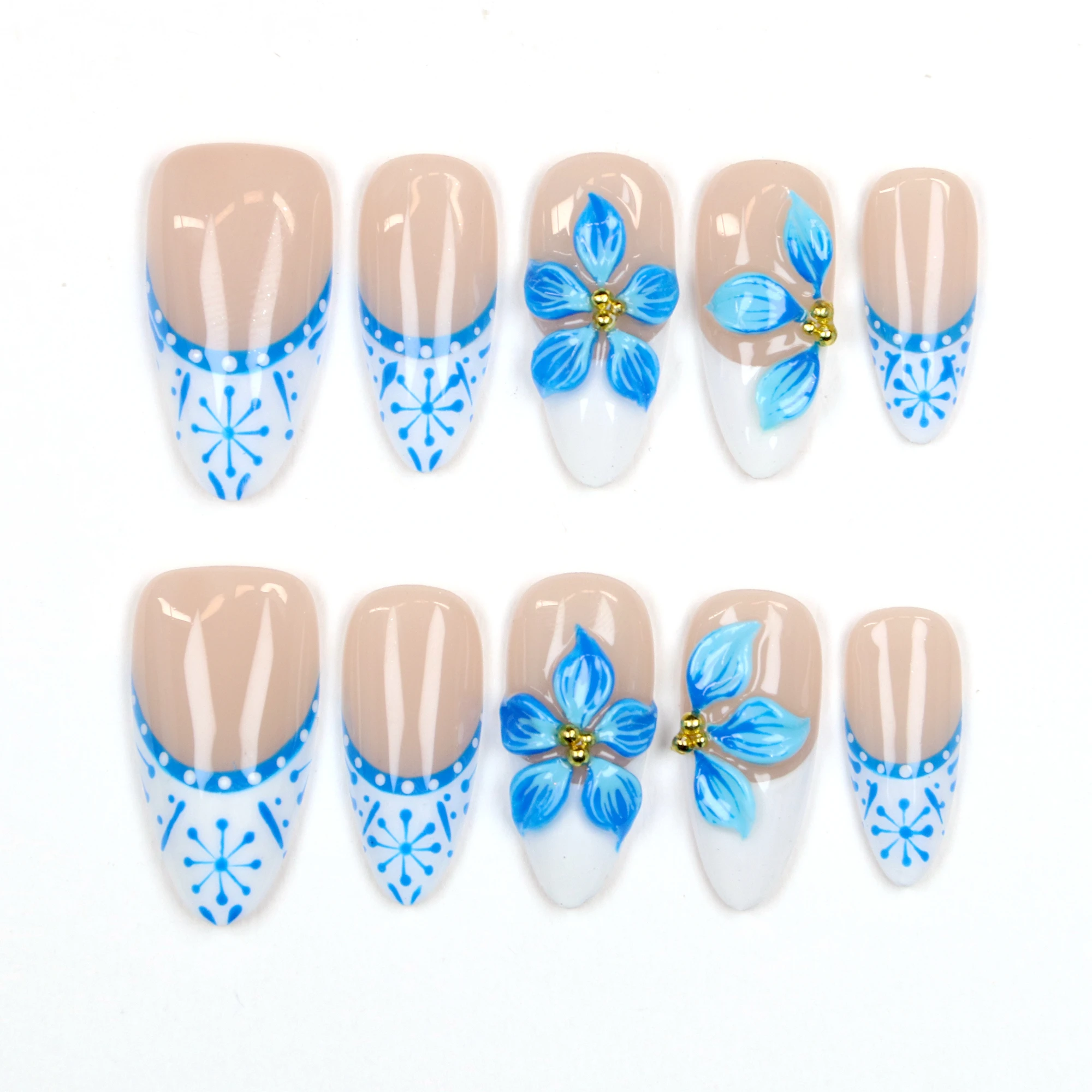 10PCS Y2K 3D Custom Design Luxury Long Stiletto Press On Nails,Beautiful Blue Flowers FreeStyle Press Vacation Holiday Gift