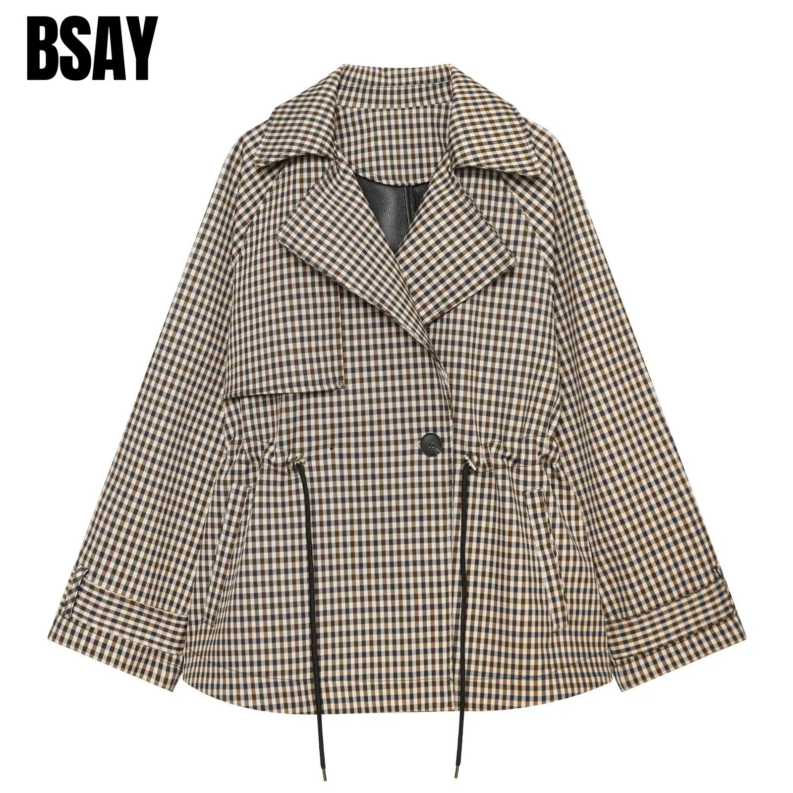 BSAY 2026 Women Vintage Plaid Short Trench Jacket Wide Lapel Single Button Drawstring Waist Long Sleeve Loose Fit Fall Outerwear