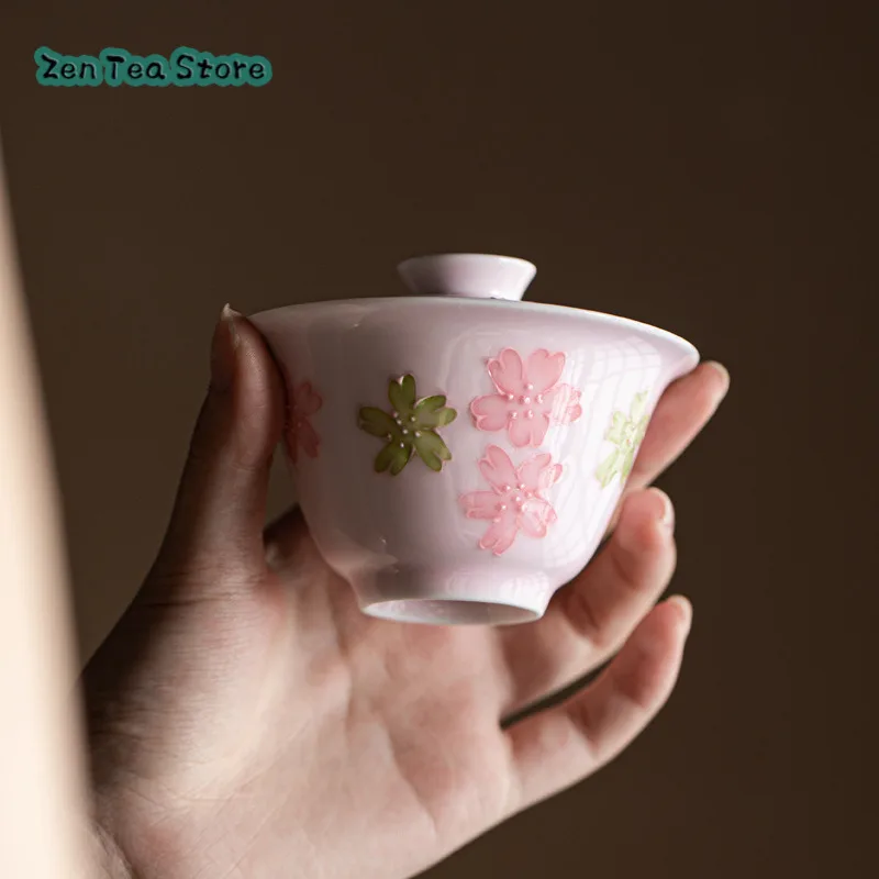 Pink Cherry Blossom Cover Bowl Underglaze Color Hand-painted High Temperature Tea Set Ladies Home Single Tea Bowl