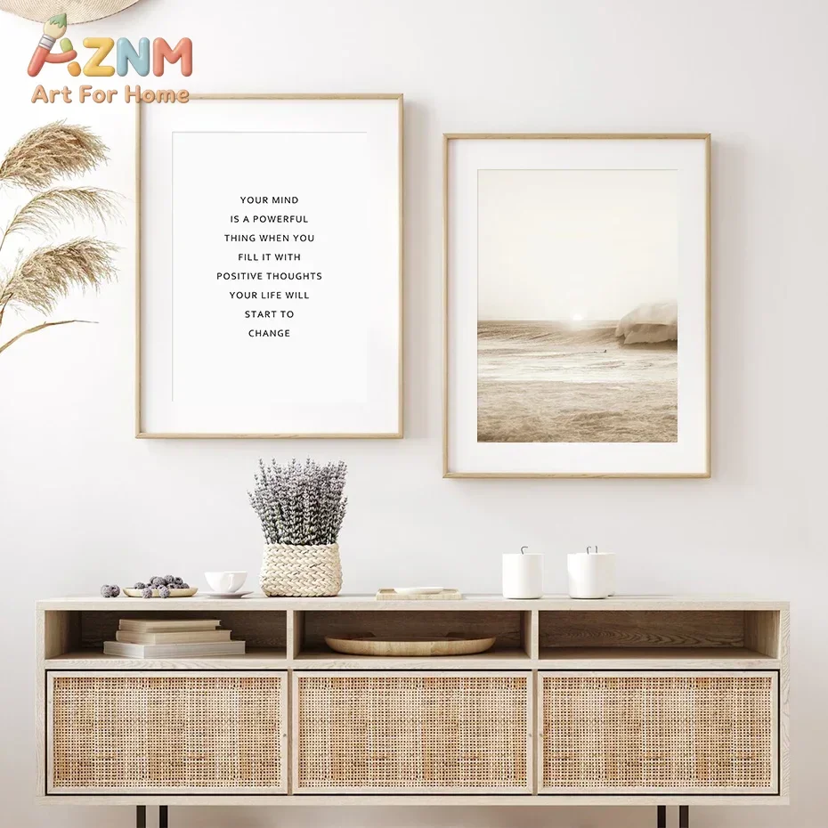 AZNM Neutral Boho Abstract Line Art Canvas Print, Frameless Minimalist Woman Figure Ginkgo Wall Poster, Beige Inspirational Quot