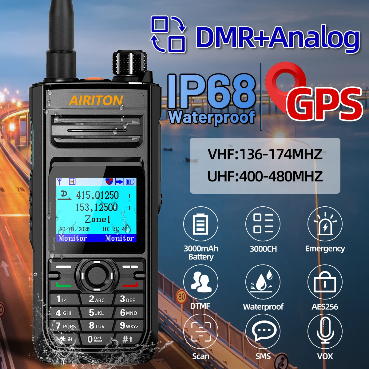 AIRITON DM-188 Walkie Talkie Digital & Analog DMR IP68 Waterproof GPS 10W Dual Band AES256 Encryption Amateur Handheld Radio