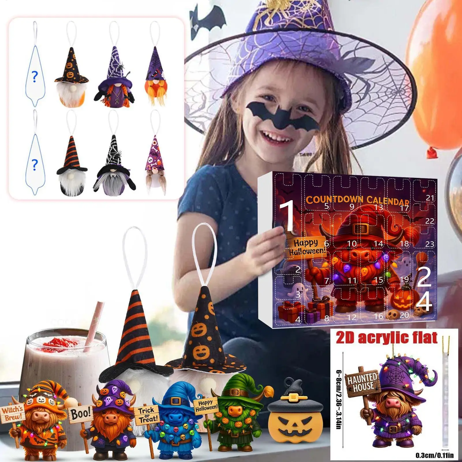Calendario de cuenta regresiva de gnomo, adorno de gnomo de 24 días, calendario de cuenta regresiva de Halloween, adorno acrílico 2D coleccionable de resina 3D para niños
