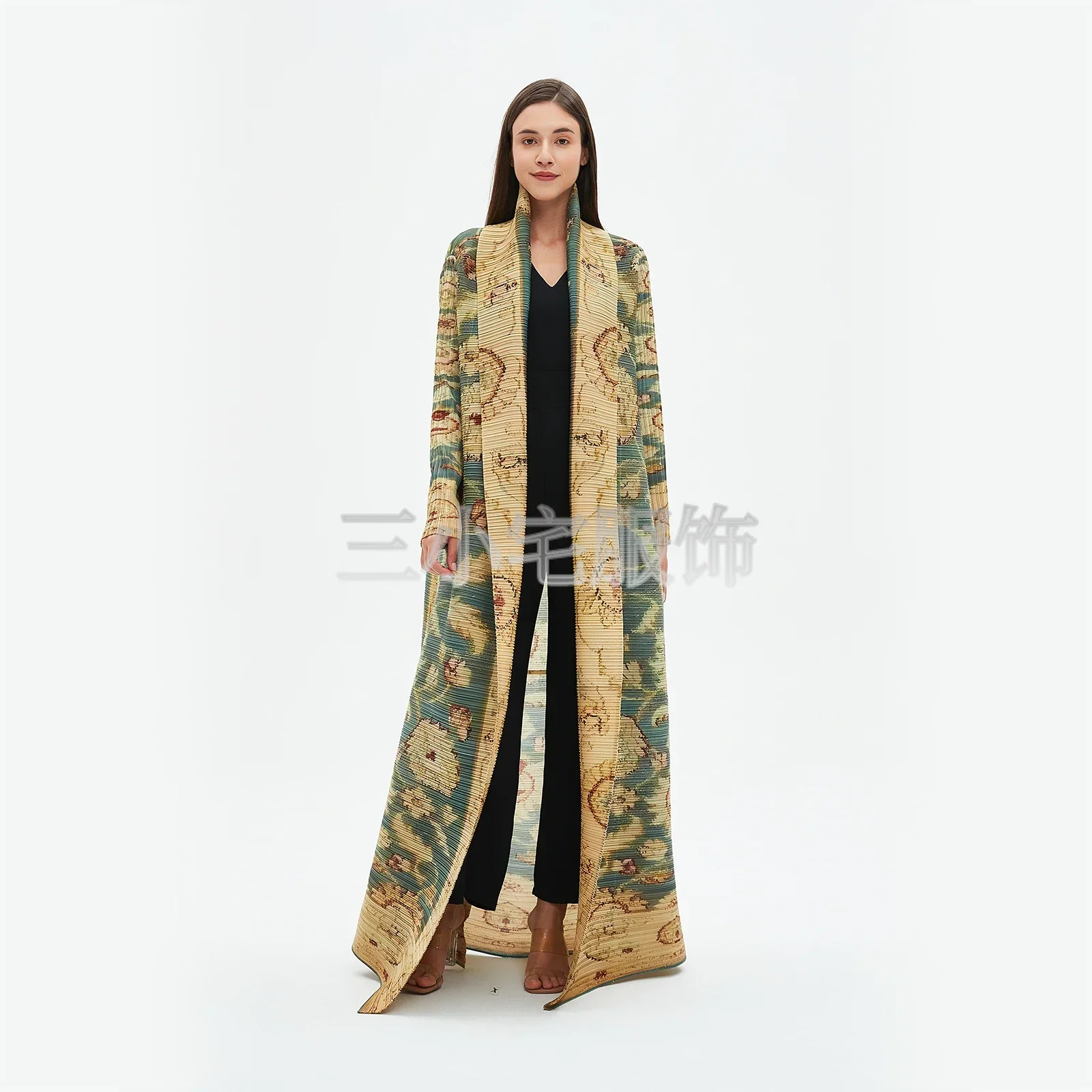 Pleats Robe Long Sleeve Printed Dress Windbreak Women 2024 Winter New Original Designer Abayas Turndown Collar Belted Coats