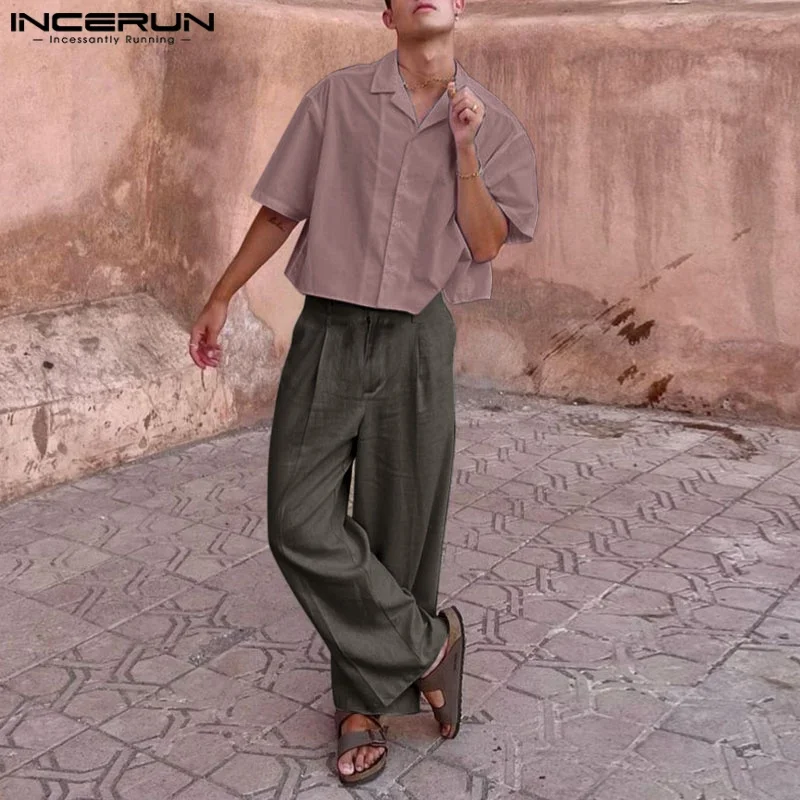 Men's Sets INCERUN Fashion Two-piece Suits Short Sleeve Shirts Long Pants Wide Leg Pant Tops Streetwear Vintage Men Casual Suits - Image 2