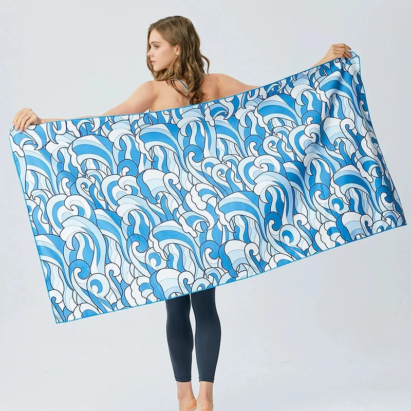 Vintage Line Art Sea Wave Design Soft Absorbent Towel for Outdoor Beach Sunbathing and Swimming Training
