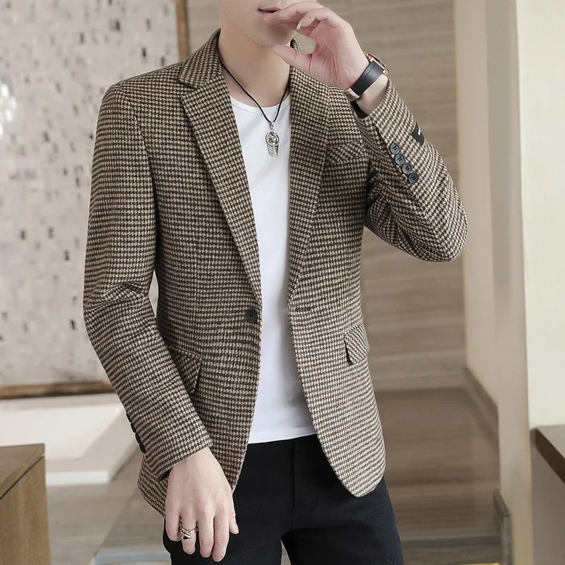 

Autumn Men Jacket Suit OneButton Classic Houndstooth Korean Style Blazer Non-ironing Mens Wedding Tuxedos Suits Blazer