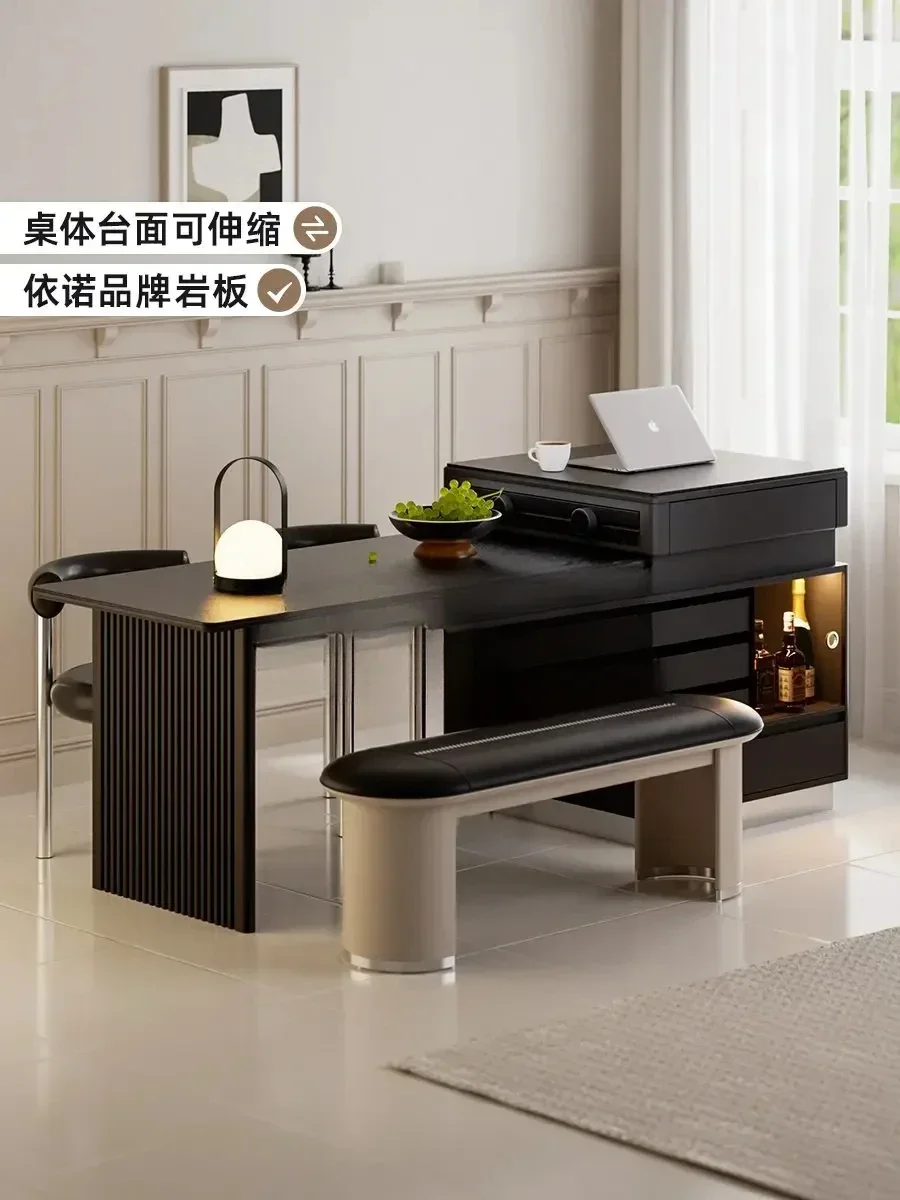 A  Retractable island platform light luxury rock slab dining table rock slab middle island table