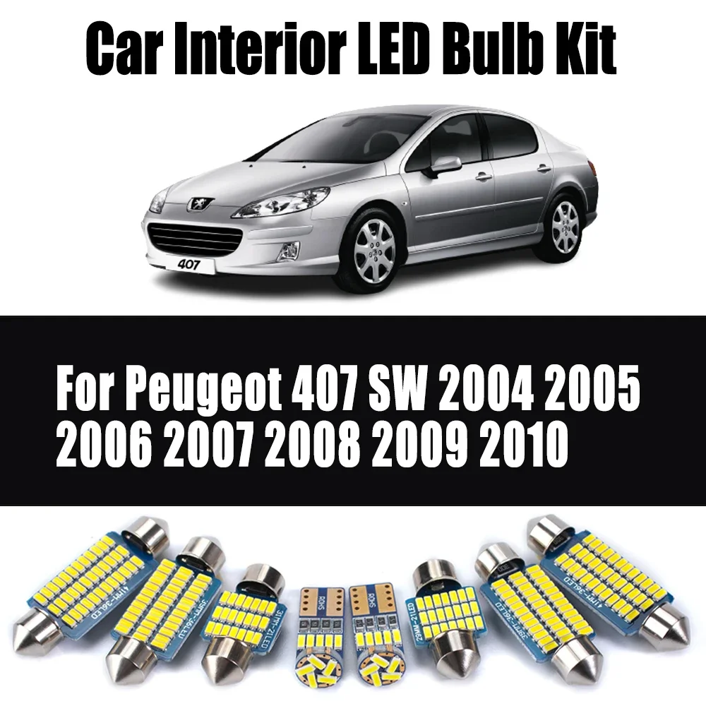

10 шт. светодиодный внутренний светильник для чтения карт, купольный багажник, номерной знак, комплект автомобильных ламп Canbus для Peugeot 407 SW 2004-2009 2010, аксессуары