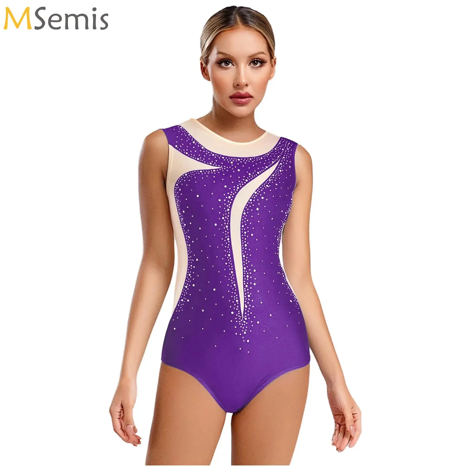 

Womens Gymnastics Leotard Ballet Dance Jersey Sleeveless Hollow Out Rhinestone Bodysuit One-piece Jumpsuit for Figure Skating
