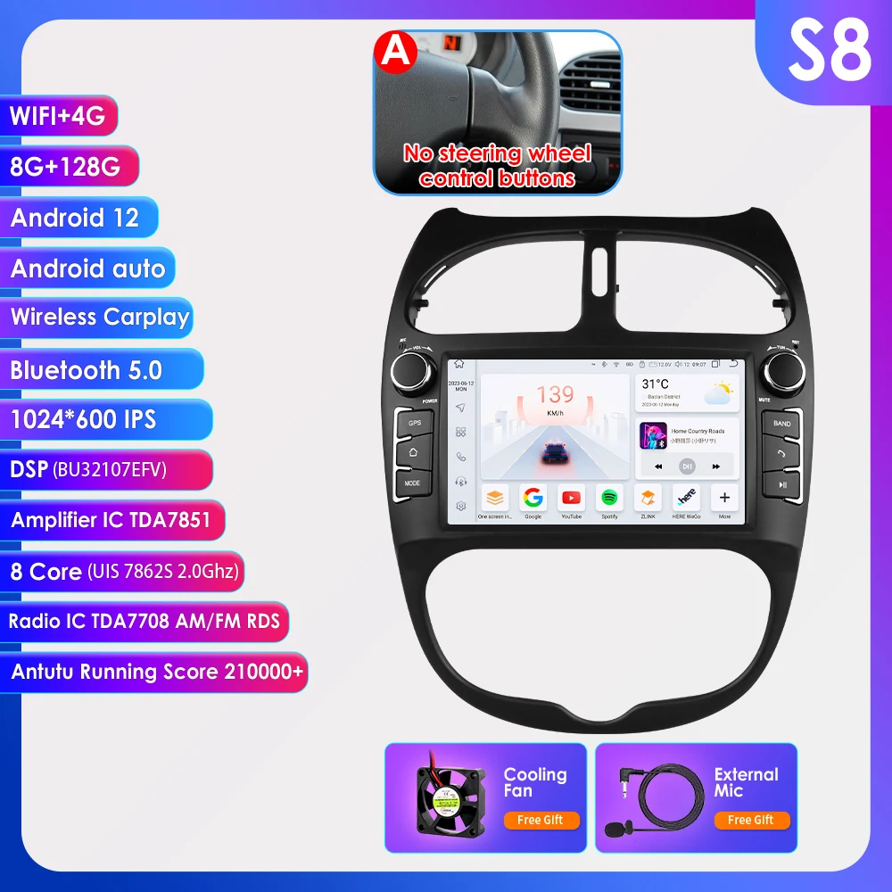 Hizpo 7 inch 2Din Android Autoradio Voor Peugeot 206 206CC 206SW 2000-2008 Multimedia Speler navigatie GPS Carplay 4G DSP RDS BT