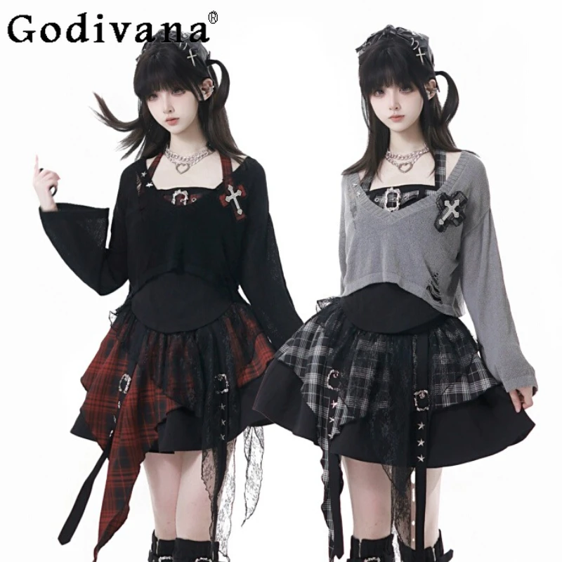 

Japanese Style Gothic Sweet Cool Outfits 2025 Girls Women's Loose V-neck Knitted Top Mini Plaid Skirt Halter Top Leg Warmers Set