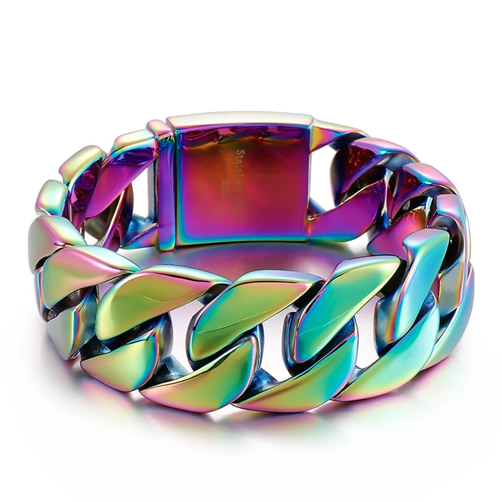 Pulsera de Cadena Cubana de 24mm, Estilo Punk Robusto, Azul Arcoíris, para Hombre y Mujer, de Acero Inoxidable Color Dorado, Joyería Hiphop y Biker