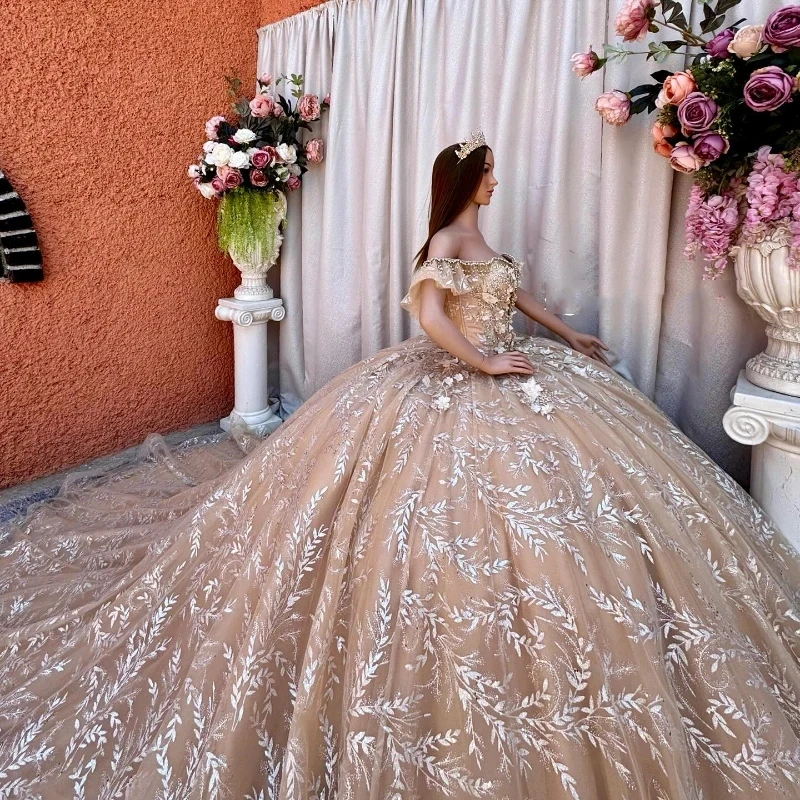 Champagne Off-Shoulder Shiny Quinceanera Dresses Ball Gown Classic Applique Lace Beads Tull Sweet 16 Dress Vestidos De 15 Años