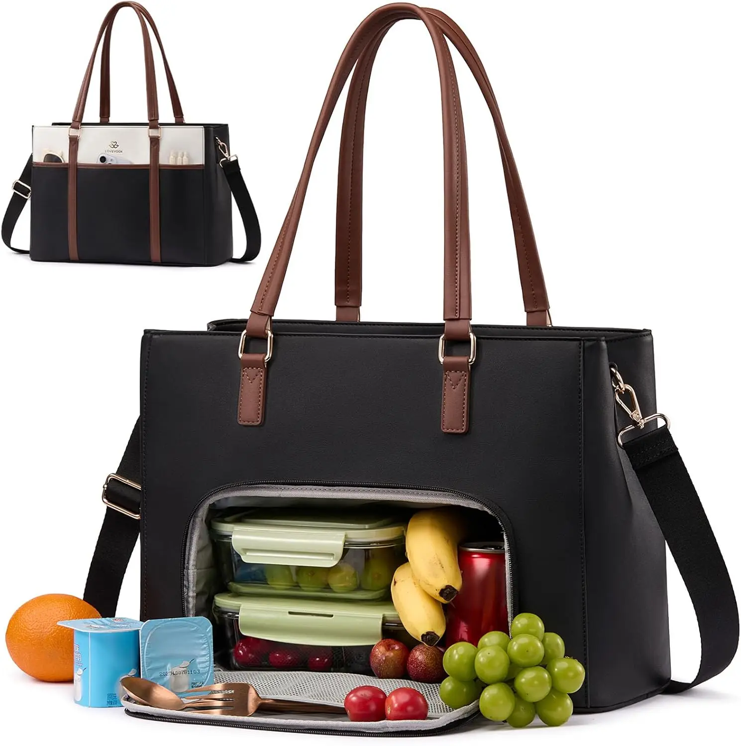 

2-in-1 Leather Lunch Tote for Women, Insulated Laptop Bag 17.3", Work & Casual