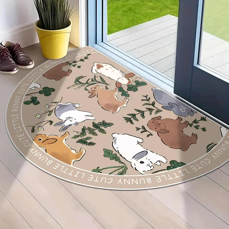 Cartoon Rabbit Semi Circular Doormat Non Slip Entrance Welcome Mat Childrens Room Kitchen Rug Home Decor